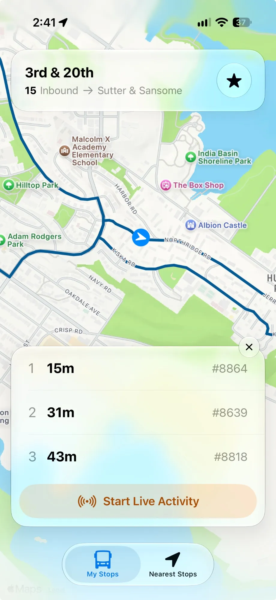 My Bus SF stop details with the route map and the next three arrivals