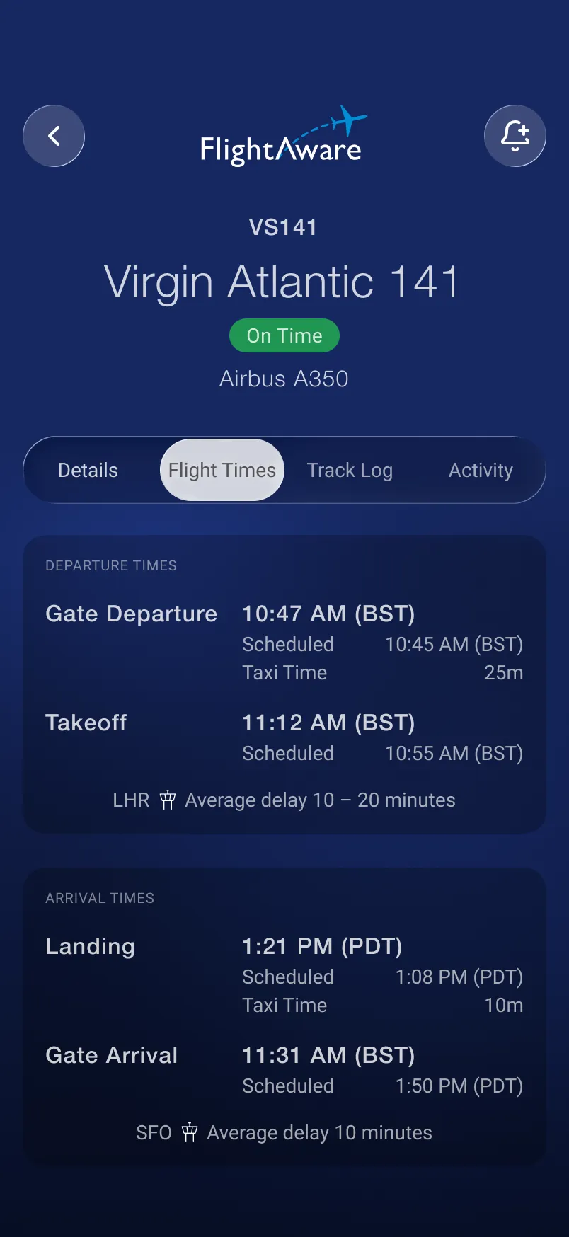 FlightAware: flight times