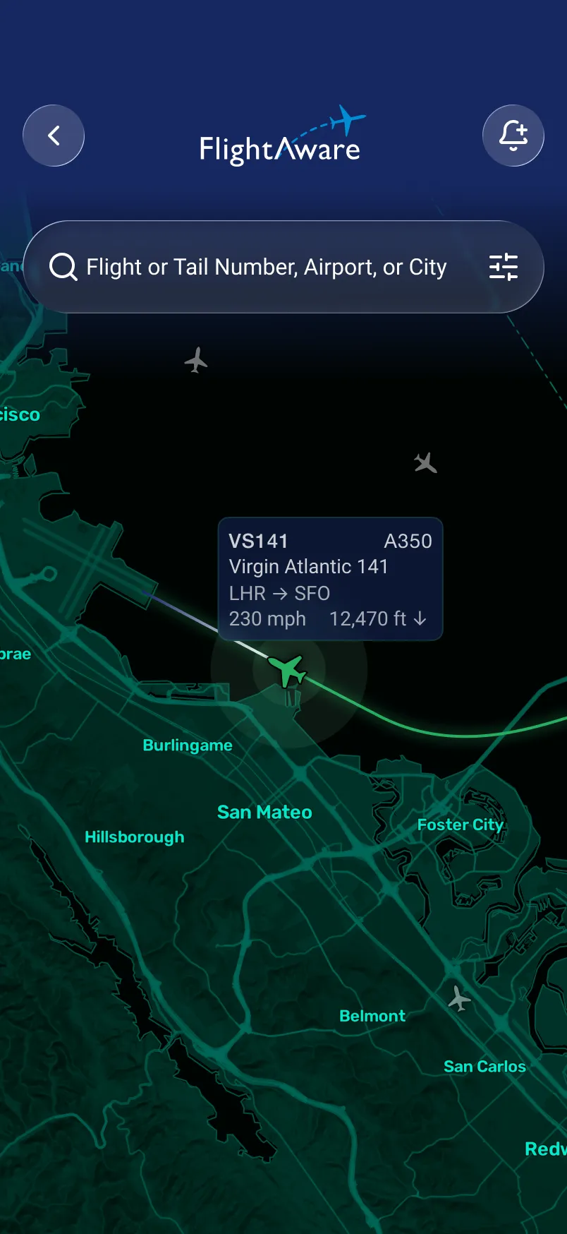 FlightAware: map with a flight selected