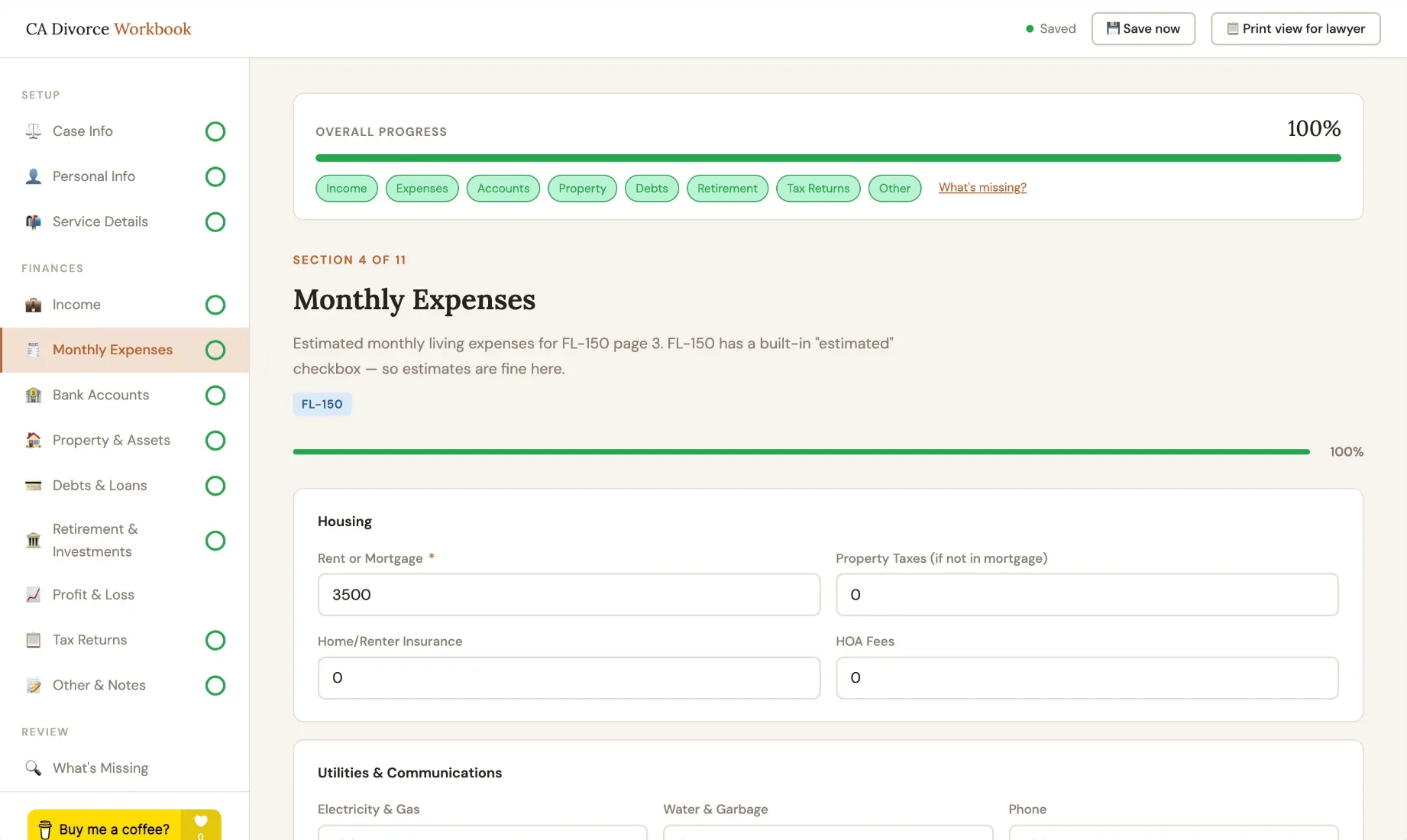 CA Divorce Disclosures Workbook: Monthly Expenses, with overall progress
